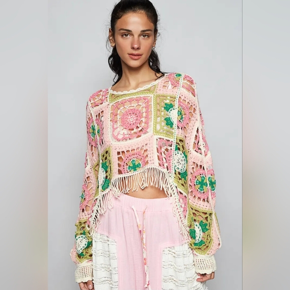 Crochet Patchwork Top in Pink and Green - Picture 4 of 5